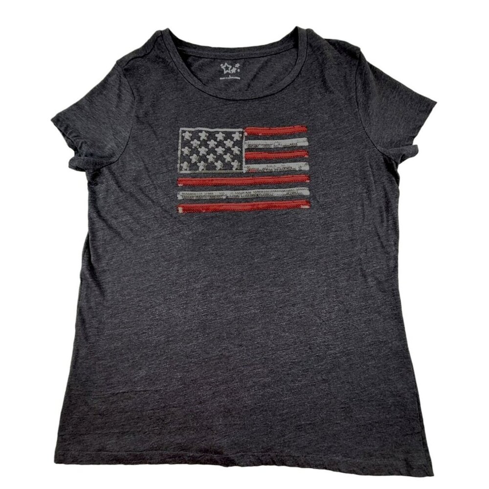 Dark Grey Girls Knit Top with Silver & Red Sequined Flag size Large JH1257